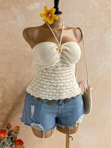 Soleia Women's Plus Size Metal Starfish Halter Knit Top - Beige - View 7