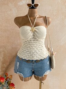 Soleia Women's Plus Size Metal Starfish Halter Knit Top - Beige - View 6