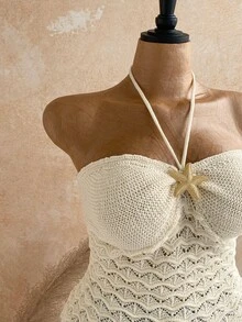 Soleia Women's Plus Size Metal Starfish Halter Knit Top - Beige - View 4