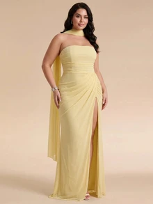 SHEIN Tall CURVE Vestido sin tirantes de talla grande, suave y versátil, con abertura frontal fruncida - Amarillo claro - Ver 4