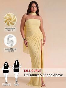 SHEIN Tall CURVE Vestido sin tirantes de talla grande, suave y versátil, con abertura frontal fruncida - Amarillo claro - Ver 1