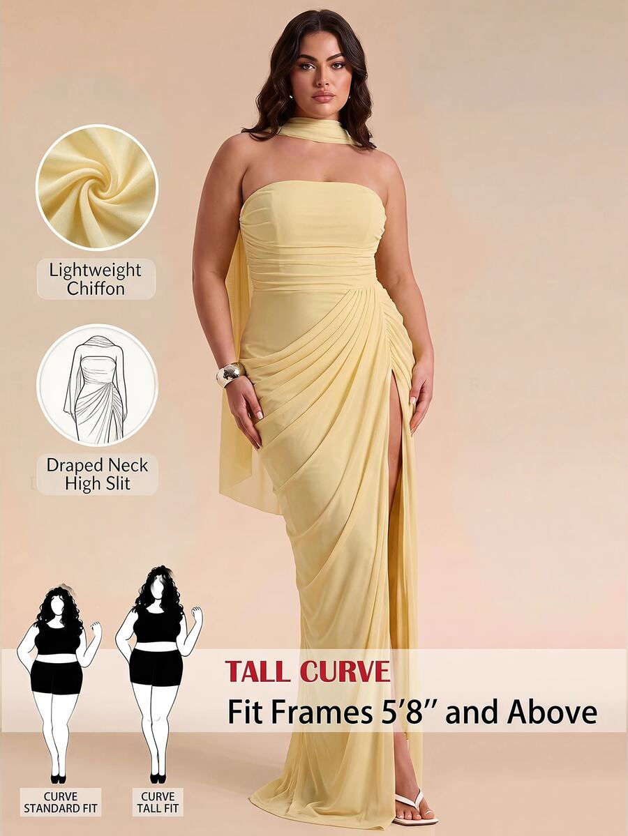 SHEIN Tall CURVE Vestido sin tirantes de talla grande, suave y versátil, con abertura frontal fruncida - Amarillo claro - Ver 1