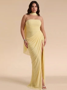 SHEIN Tall CURVE Vestido sin tirantes de talla grande, suave y versátil, con abertura frontal fruncida - Amarillo claro - Ver 8