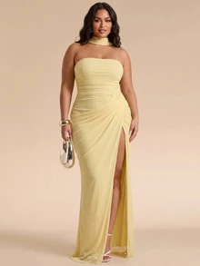 SHEIN Tall CURVE Vestido sin tirantes de talla grande, suave y versátil, con abertura frontal fruncida - Amarillo claro - Ver 7