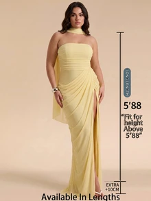 SHEIN Tall CURVE Vestido sin tirantes de talla grande, suave y versátil, con abertura frontal fruncida - Amarillo claro - Ver 2