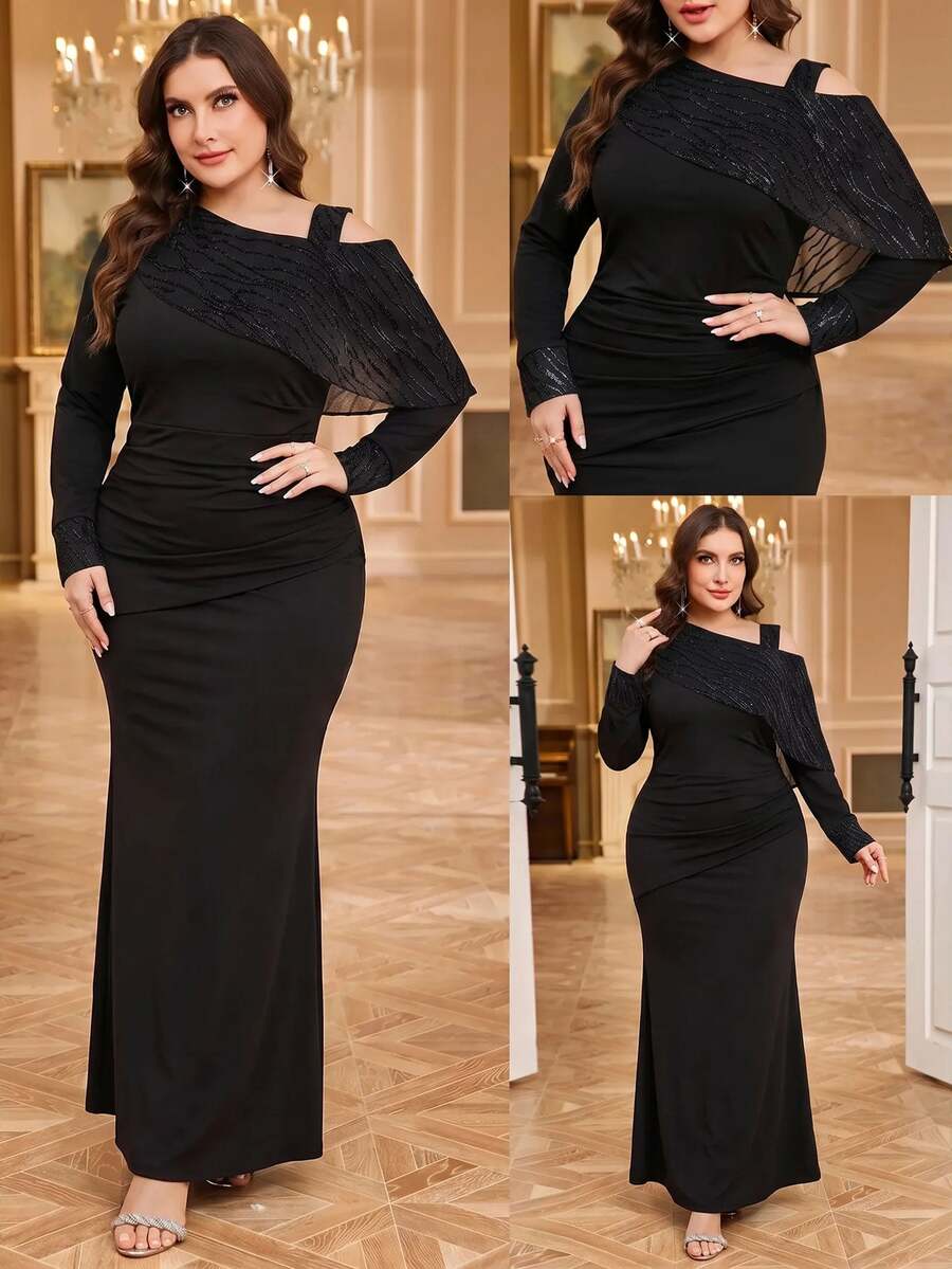 Reflora Plus Size Women Solid Color Pleated Elegant Waist-Cinching Party Dress Fall - Black - View 1