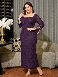 Reflora Plus Size Elegant Party Dress With Beaded And Rhinestone Decor Fall - Purple - View 4