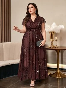 SHEIN Clasi Plus Size Women's Elegant Floral Print Dress, Summer Wedding Dress - Brown - View 7