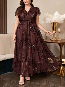 SHEIN Clasi Plus Size Women's Elegant Floral Print Dress, Summer Wedding Dress - Brown - View 2