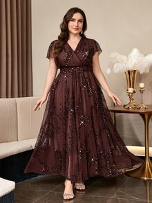 SHEIN Clasi Plus Size Women's Elegant Floral Print Dress, Summer Wedding Dress - Brown - View 6