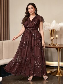 SHEIN Clasi Plus Size Women's Elegant Floral Print Dress, Summer Wedding Dress - Brown - View 5