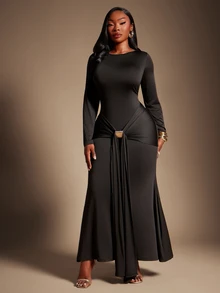 SHEIN SXY Plus Size Black, High-Elastic Knit, Round Neck, Long-Sleeved, Fitted Fishtail Dress, Ribbon Design, Elegant, Modest, Casual, Formal, Dinner - Black - View 3