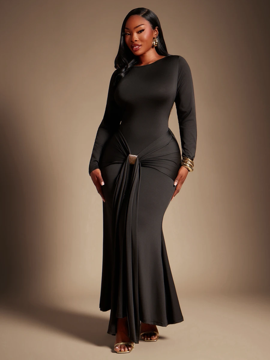 SHEIN SXY Plus Size Black, High-Elastic Knit, Round Neck, Long-Sleeved, Fitted Fishtail Dress, Ribbon Design, Elegant, Modest, Casual, Formal, Dinner - Black - View 1