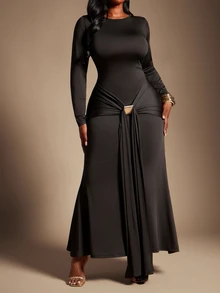 SHEIN SXY Plus Size Black, High-Elastic Knit, Round Neck, Long-Sleeved, Fitted Fishtail Dress, Ribbon Design, Elegant, Modest, Casual, Formal, Dinner - Black - View 5