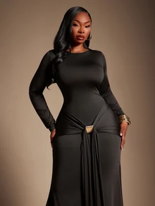 SHEIN SXY Plus Size Black, High-Elastic Knit, Round Neck, Long-Sleeved, Fitted Fishtail Dress, Ribbon Design, Elegant, Modest, Casual, Formal, Dinner - Black - View 4