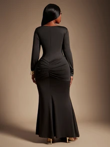 SHEIN SXY Plus Size Black, High-Elastic Knit, Round Neck, Long-Sleeved, Fitted Fishtail Dress, Ribbon Design, Elegant, Modest, Casual, Formal, Dinner - Black - View 2