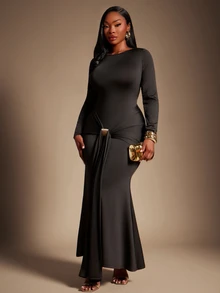 SHEIN SXY Plus Size Black, High-Elastic Knit, Round Neck, Long-Sleeved, Fitted Fishtail Dress, Ribbon Design, Elegant, Modest, Casual, Formal, Dinner - Black - View 7