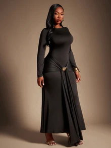 SHEIN SXY Plus Size Black, High-Elastic Knit, Round Neck, Long-Sleeved, Fitted Fishtail Dress, Ribbon Design, Elegant, Modest, Casual, Formal, Dinner - Black - View 6
