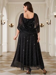 Reflora Plus Size French Style Sequin Elegant Formal Elegant Sexy Mesh Patchwork Square Neck Dress Evening Cocktail Formal Black Summer - Black - View 3