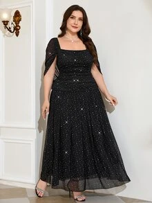 Reflora Plus Size French Style Sequin Elegant Formal Elegant Sexy Mesh Patchwork Square Neck Dress Evening Cocktail Formal Black Summer - Black - View 5