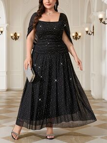 Reflora Plus Size French Style Sequin Elegant Formal Elegant Sexy Mesh Patchwork Square Neck Dress Evening Cocktail Formal Black Summer - Black - View 2