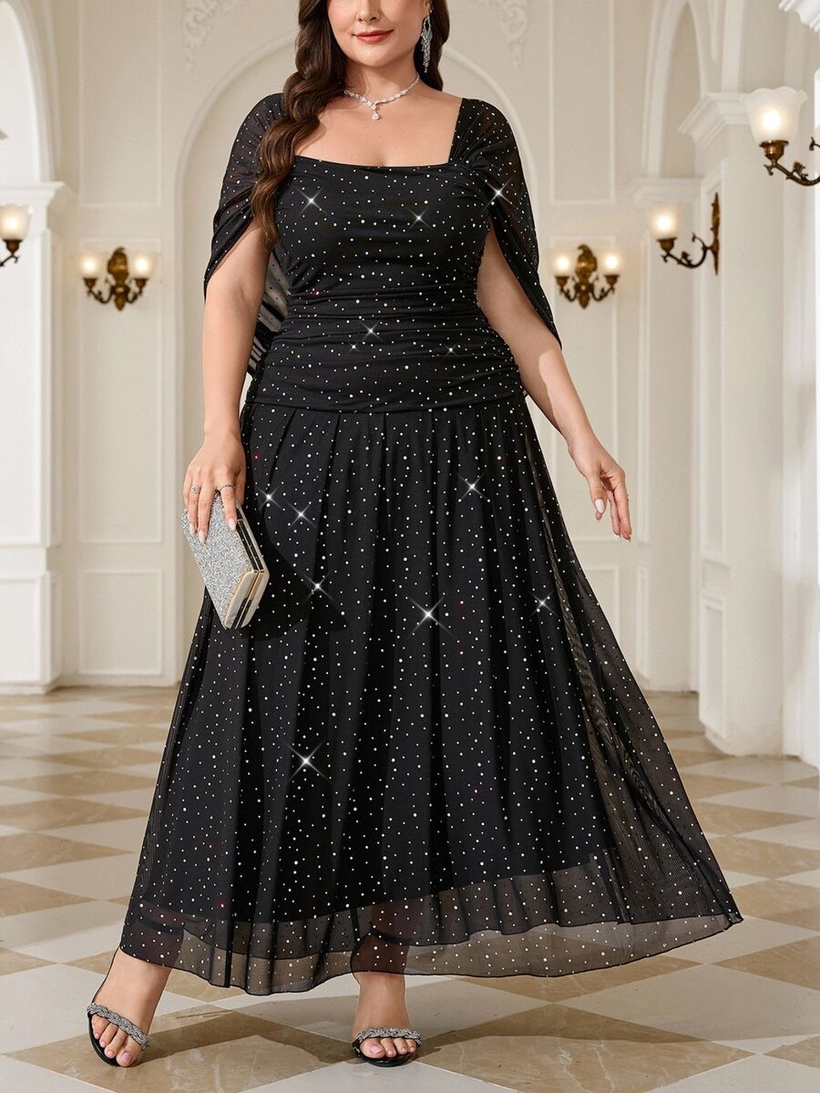 Reflora Plus Size French Style Sequin Elegant Formal Elegant Sexy Mesh Patchwork Square Neck Dress Evening Cocktail Formal Black Summer