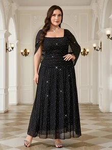 Reflora Plus Size French Style Sequin Elegant Formal Elegant Sexy Mesh Patchwork Square Neck Dress Evening Cocktail Formal Black Summer - Black - View 9