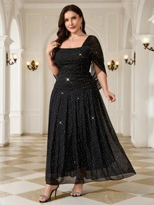 Reflora Plus Size French Style Sequin Elegant Formal Elegant Sexy Mesh Patchwork Square Neck Dress Evening Cocktail Formal Black Summer - Black - View 4