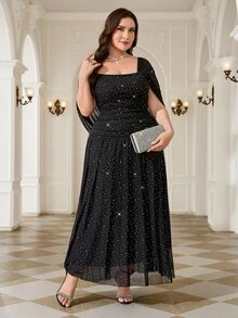 Reflora Plus Size French Style Sequin Elegant Formal Elegant Sexy Mesh Patchwork Square Neck Dress Evening Cocktail Formal Black Summer - Black - View 8