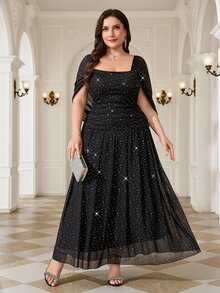 Reflora Plus Size French Style Sequin Elegant Formal Elegant Sexy Mesh Patchwork Square Neck Dress Evening Cocktail Formal Black Summer - Black - View 7