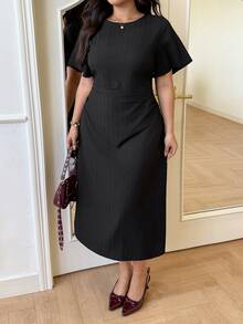 GalTyme Gaun Ukuran Besar Elegan untuk Musim Panas, Cocok untuk Bepergian, Warna Polos, dan Mempertegas Pinggang - Hitam - View 5