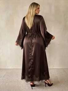 Auralis Plus Size Elegant Satin Lace Patchwork Evening Cocktail Wedding Guest Dress Brown Autumn Fall - Brown - View 3