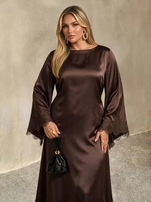 Auralis Plus Size Elegant Satin Lace Patchwork Evening Cocktail Wedding Guest Dress Brown Autumn Fall - Brown - View 5