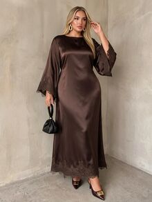 Auralis Plus Size Elegant Satin Lace Patchwork Evening Cocktail Wedding Guest Dress Brown Autumn Fall - Brown - View 6