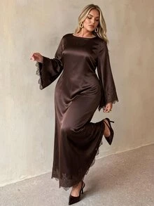 Auralis Plus Size Elegant Satin Lace Patchwork Evening Cocktail Wedding Guest Dress Brown Autumn Fall - Brown - View 2