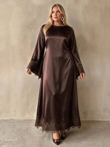 Auralis Plus Size Elegant Satin Lace Patchwork Evening Cocktail Wedding Guest Dress Brown Autumn Fall - Brown - View 8