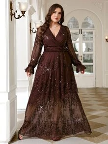 Reflora New Plus Size Women's Fashion Printed Ruffle Wave Hem High Elastic Cinched Waist Concealing Long Dress, Autumn Dress, Pleated Dress, Floral Dress Fall - Brown - View 1