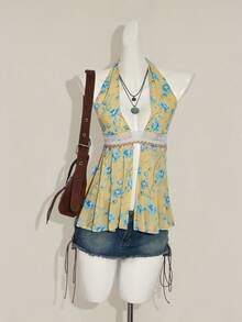 SHEIN ICON Y2k Western Boho Babydoll Country Backless Going Out Yellow Sexy Sexy Floral Print Halter Neck Blouse For Summer - Yellow - View 4