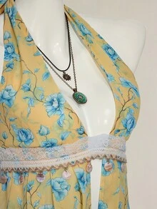 SHEIN ICON Y2k Western Boho Babydoll Country Backless Going Out Yellow Sexy Sexy Floral Print Halter Neck Blouse For Summer - Yellow - View 7