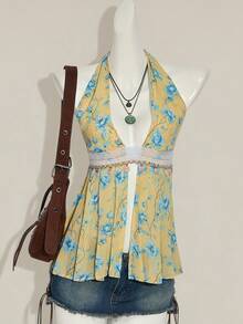 SHEIN ICON Y2k Western Boho Babydoll Country Backless Going Out Yellow Sexy Sexy Floral Print Halter Neck Blouse For Summer - Yellow - View 9