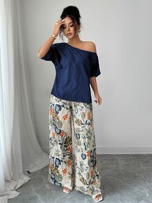 SHEIN Raffinéa 2pcs Women Summer Casual Solid Color Asymmetrical Shoulder Top And Floral Print Pants Set - Royal Blue - View 6