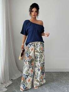 SHEIN Raffinéa 2pcs Women Summer Casual Solid Color Asymmetrical Shoulder Top And Floral Print Pants Set - Royal Blue - View 5