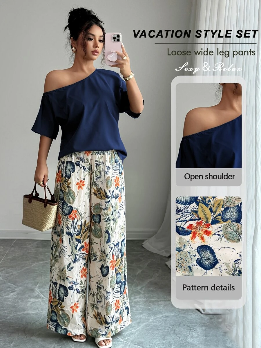 SHEIN Raffinéa 2pcs Women Summer Casual Solid Color Asymmetrical Shoulder Top And Floral Print Pants Set - Royal Blue - View 1