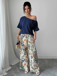 SHEIN Raffinéa 2pcs Women Summer Casual Solid Color Asymmetrical Shoulder Top And Floral Print Pants Set - Royal Blue - View 4