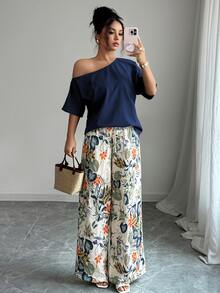 SHEIN Raffinéa 2pcs Women Summer Casual Solid Color Asymmetrical Shoulder Top And Floral Print Pants Set - Royal Blue - View 3
