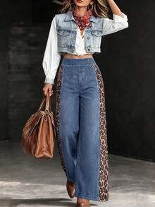 Breezaya Celana Panjang Wanita Serbaguna Gaya Vintage untuk Segala Musim, Kasual, Luar Ruangan, dengan 2 Kancing Samping, Motif Leopard Patchwork, Model Drape, Potongan Lebar, Cocok untuk Pinggul Lebar, Melangsingkan dan Memperindah Bentuk Tubuh - MultiWarna - View 6