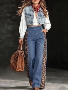 Breezaya Celana Panjang Wanita Serbaguna Gaya Vintage untuk Segala Musim, Kasual, Luar Ruangan, dengan 2 Kancing Samping, Motif Leopard Patchwork, Model Drape, Potongan Lebar, Cocok untuk Pinggul Lebar, Melangsingkan dan Memperindah Bentuk Tubuh - MultiWarna - View 4