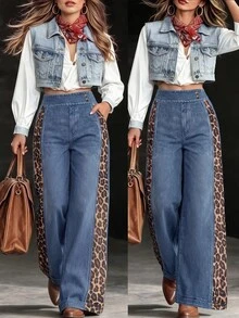 Breezaya Celana Panjang Wanita Serbaguna Gaya Vintage untuk Segala Musim, Kasual, Luar Ruangan, dengan 2 Kancing Samping, Motif Leopard Patchwork, Model Drape, Potongan Lebar, Cocok untuk Pinggul Lebar, Melangsingkan dan Memperindah Bentuk Tubuh - MultiWarna - View 3