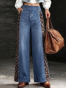 Breezaya Celana Panjang Wanita Serbaguna Gaya Vintage untuk Segala Musim, Kasual, Luar Ruangan, dengan 2 Kancing Samping, Motif Leopard Patchwork, Model Drape, Potongan Lebar, Cocok untuk Pinggul Lebar, Melangsingkan dan Memperindah Bentuk Tubuh - MultiWarna - View 5