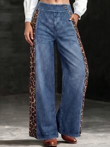 Breezaya Celana Panjang Wanita Serbaguna Gaya Vintage untuk Segala Musim, Kasual, Luar Ruangan, dengan 2 Kancing Samping, Motif Leopard Patchwork, Model Drape, Potongan Lebar, Cocok untuk Pinggul Lebar, Melangsingkan dan Memperindah Bentuk Tubuh - MultiWarna - View 8